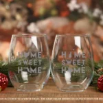 Custom Stemless Wine Glass personalized and etched with home sweet home featuring US States. Gift for housewarming, moving away, wedding.